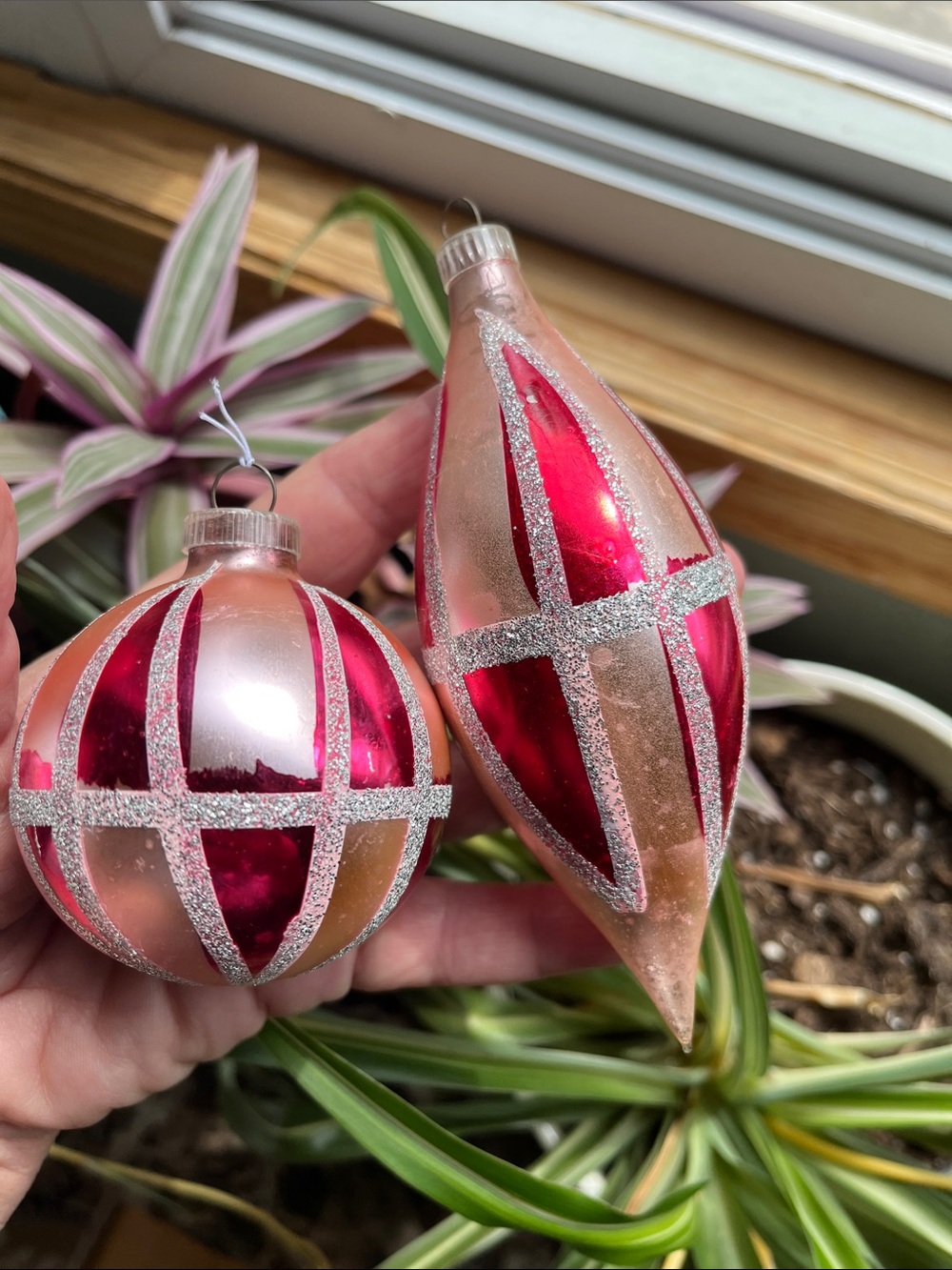 2 Vtg Mercury Glass Ornaments West Germany Pale & Hot Pink W/Mica Ball/Teardrop